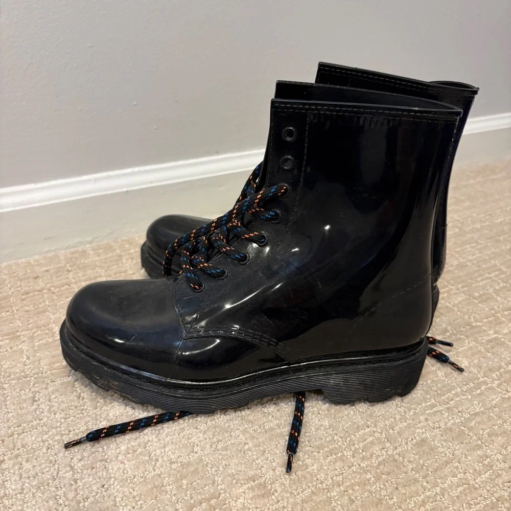 ASOS Black Patent Vinyl Combat Boots Chunky Lug Sole Lace Up Women's UK 4 US 6.5